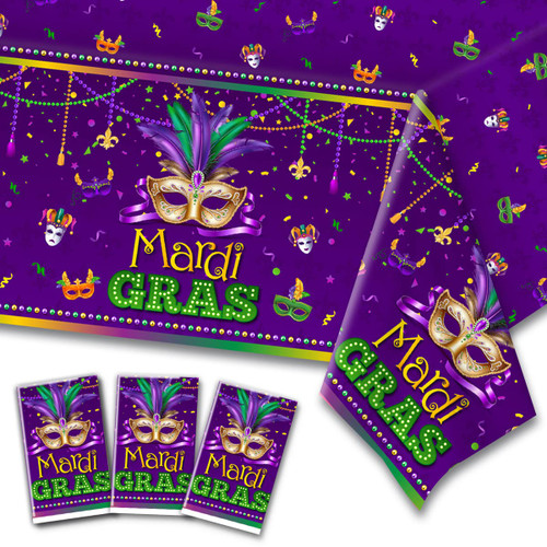 CMUSKO 3Pcs Mardi Gras tablecloths-Masquerade Mask Party Supplies Mardi Gras Purple Plastic Table Cover Masquerade Carnival Table Decorations for Party