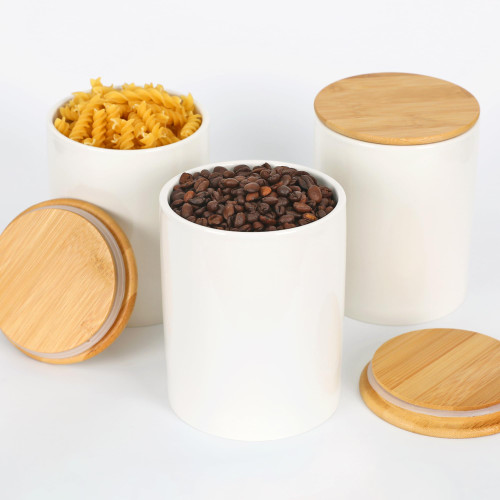 Ceramic Kitchen Canister Sets-Set of 3 Kitchen Canisters for Countertop with Airtight Bamboo Lids/Stickers. Food Storage,Store Tea,Flour,Sugar,Coffee and More