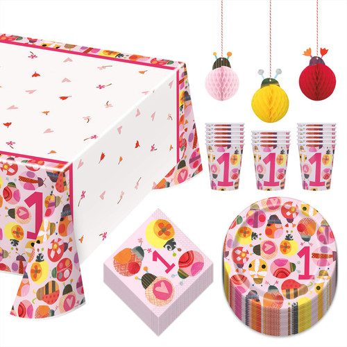 Ladybug Party Theme - Cute as a Bug Whimsical Pink First Birthday Paper Dessert Plates, Napkins, Cups, Table Cover, and Hanging Cutouts Set (Serves 16) Ladybug Party Theme - Cute as a Bug Whimsical Pink First Birthday Paper Dessert Plates, Napkins, Cups, Table Cover, and Hanging Cutouts Set (Serves 16)