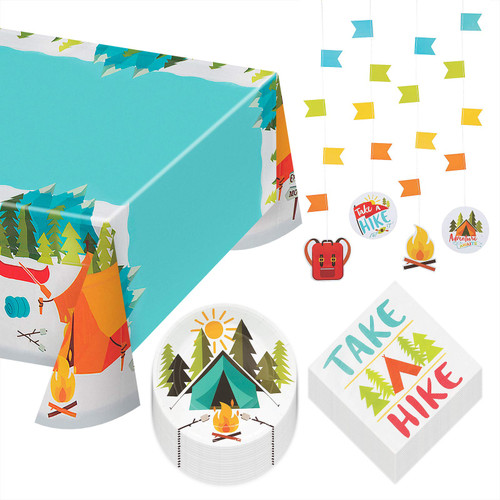Camping Adventure Party Pack - Paper Dessert Plates, Take A Hike Lunch Napkins, Table Cover, and Hanging Cutouts (Serves 16) Camping Adventure Party Pack - Paper Dessert Plates, Take A Hike Lunch Napkins, Table Cover, and Hanging Cutouts (Serves 16)