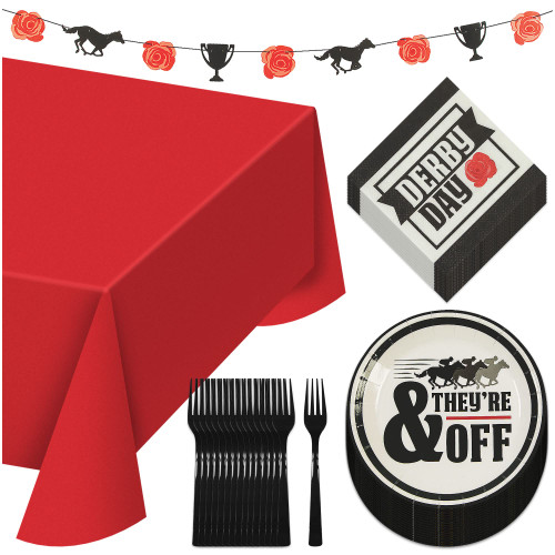 Horse Racing Derby Party Pack - Black & White Paper Dessert Plates, Napkins, Table Cover, Forks, and Rose Garland Set (Serves 16) Horse Racing Derby Party Pack - Black & White Paper Dessert Plates, Napkins, Table Cover, Forks, and Rose Garland Set (Serves 16)