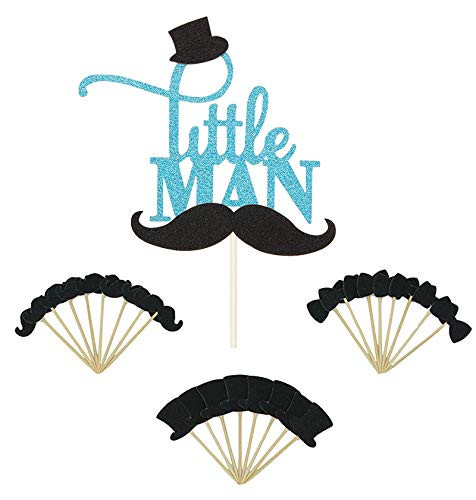 25 Pack Blue Glitter Boys Cake Topper Mini Hat Mustache Bowtie Cupcake Toppers Food Picks for Baby Shower Birthday Party Decorations by Topfunyy
