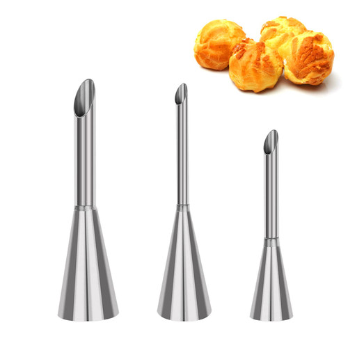 Suuker 3pcs/set Cream Icing Piping Nozzle Tips, Professional Stainless Steel Long Cream Puff Nozzle Decor Small Pastry Icing Piping Decorating Tools(Silver)