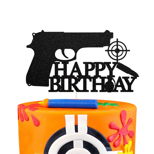 Gun Happy Birthday Cake Topper,Pistol Birthday Cake Decorations,Men Boy Women Bday Party Supplies,Target Sign,Black Glitter