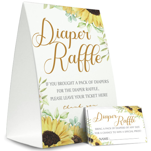 Sunflower Diaper Raffle Sign,Diaper Raffle Baby Shower Game Kit (1 Standing Sign + 50 Guessing Cards),Sunflower Raffle Insert Ticket,Baby Showers Decorations,Card for Baby Shower Game to Bring a Pack of Diapers-N08