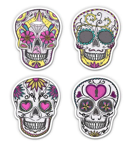 GT Graphics Express Set of 4 Sugar Skulls Dia de Los Muertos Mexican - 3 in Each Vinyl Stickers - for Car Laptop Water Bottle Phone - Waterproof Decals