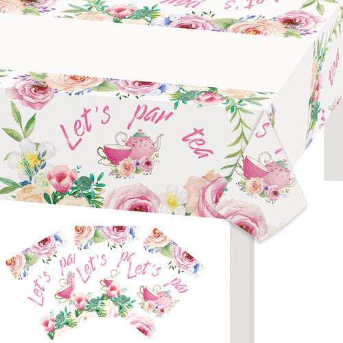 3PCS Let's Par Tea Tablecloth 42.6" x 70.8" Tea Time Party Table Covers High Tea/Floral Tea/Teapot Teacups/Par Tea Themed Bridal Shower Engagement Bachelorette Party Supplies Decorations Photo Prop