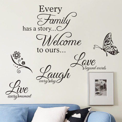 Inspirational Quotes Wall Decals- Large Motivational Saying Wall Stickers Positive Lettering Word Decal Butterfly Sticker- Inspirational Saying Every Family Has a Story Welcome to Ours