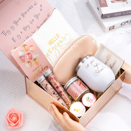 Happy Birthday Gifts for Women Spa Set Gift Basket for Best Friends Mom Unique Birthday Box Gifts for Sister Girlfriend Teacher Female Her Bday Wine Tumbler Relaxing Presents Woman Who Has Everything