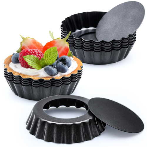 Dwlire 3 In Egg Tart Molds, 12 PCS Mini Tart Pans with Removable Botttom, Nonstick Mini Tart Shells, Quiche Mini Fluted Tart Mold Carbon Steel Tartelet Tins for Baking, Mousse Cakes, Dessert, Black