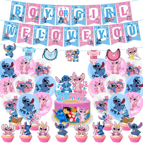 Stitch and Angel Gender Reveal Party Decorations, Stitch and Angel Gender Reveal Party Supplies include Banner, Stitch Garland, Cupcake Cake Toppers and Balloons for Baby Shower Party Decorations