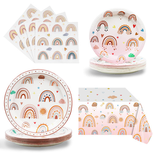 Boho Rainbow Party Supplies,Boho Rainbow Dinnerware Set Including Paper Plates,Napkins,Tablecloth for Birthday Baby Shower,25 Guests Boho Rainbow Party Supplies,Boho Rainbow Dinnerware Set Including Paper Plates,Napkins,Tablecloth for Birthday Baby Shower,25 Guests