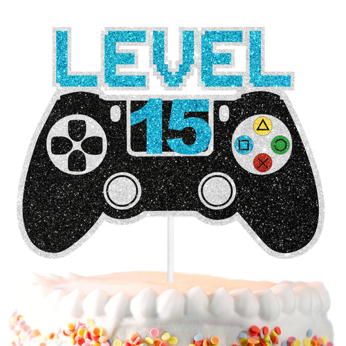 Unlock Video Game Level UP 15th Happy Birthday Cake Topper - Video Game Themed Birthday Party, Controller Themed Party Winner Decoration for Teen Boys or Girls - SugarGera
