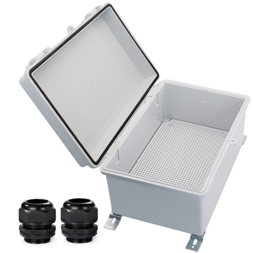 YETLEBOX Waterproof Electrical Box with Mounting Plate 290x190x140mm, IP67 Junction Box Hinged Grey Cover ABS Project Boxes for Electronics DIY Enclosure with Wall Bracket and 2 Glands 11.4"x7.5"x5.5"