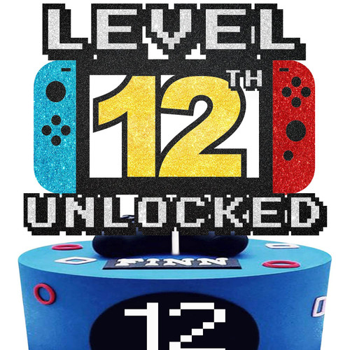 Level 12th Unlocked Cake Topper - Level 12th game Sign Theme Party Decorations 12th Birthday Level Up Cake Decorations for Video Game Themed Kids Boy Girl Party Supplies