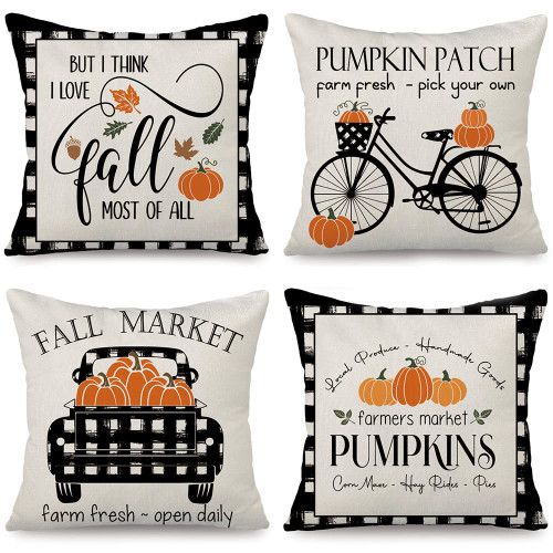 Cirzone Fall Decor Pillow Covers 18x18 Set of 4 Bicycle Pumpkin Buffalo Plaid Fall Pillows Autumn Farmhouse Fall Outdoor Thanksgiving Decorative Fall Throw Pillow Covers Fall Decorations for Home