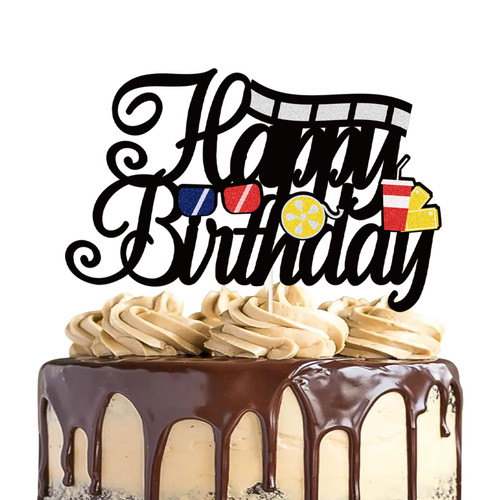 Happy Birthday Movie Cake Topper,Film Birthday Cake Decorations,Movie Night Family Film Themed Kids Boy Girl Birthday Party Supplies,1Pcs Glitter Black