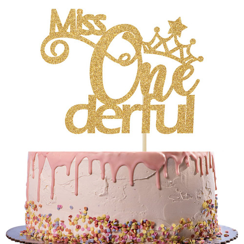 Sarahship Gold Glitter Miss ONEderful Cake Topper - Baby Girl's 1st Birthday Party Cake Decor, Happy 1 Year Old Birthday Party Supplies