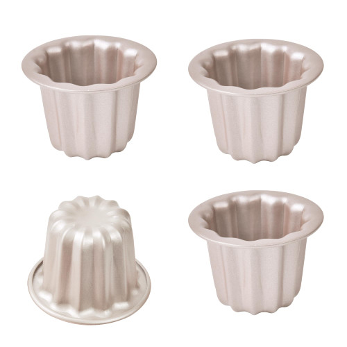Bakeley Canele Mold Cake Pan, 4Pcs Non-Stick 2.6-Inch Canele Muffin Bakeware Cupcake Pan for Oven Baking (Champagne Gold)
