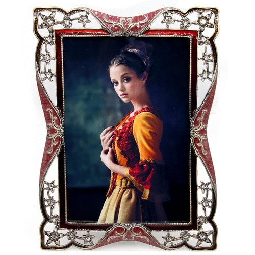 LXZ Vintage Retro Brass Plated Metal Picture Frame Decorated with Crystals - Clear Glass Front Cover - Tabletop Display Vertically or Horizontally, Picture Size 5" x 7"
