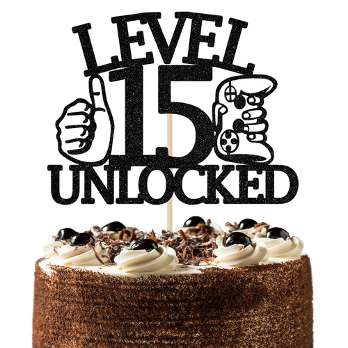 First Holy Communion Level 15 Unlocked Cake Topper, Video Game Theme Happy 15th Birthday Cake Decor, Boys Girls Funny 15th Birthday Decorations Black Glitter