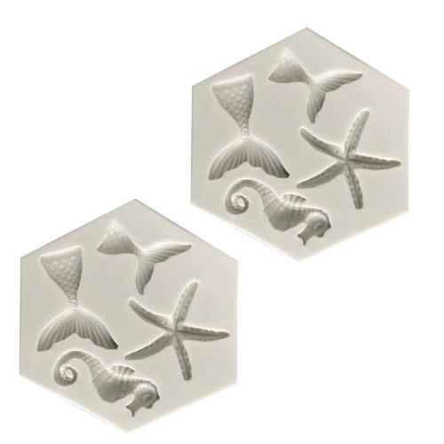 SaiDian 2Pcs Mermaid Tail Mold Starfish Fondant Silicone Mold Marine Animal Seahorse Chocolate Baking Mould DIY Cake Decoration