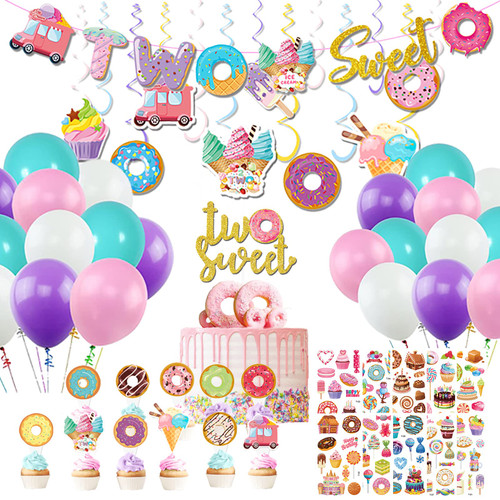 42 PCS Two Sweet Birthday Party Decorations Set- Glitter Two Sweet Banner & Cake Topper Ice Cream Donut Hanging Swirl Colorful Latex Balloons for Girl 2nd birthday Donut /Ice Cream Party