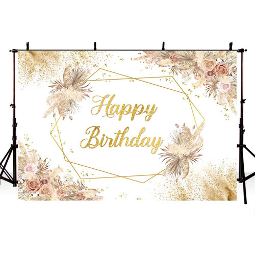 AIBIIN 10x7ft Boho Happy Birthday Backdrop for Girls Women Pink Flowers Pampas Grass Photography Background Birthday Party Decorations Banner Cake Table Photo Booth Props