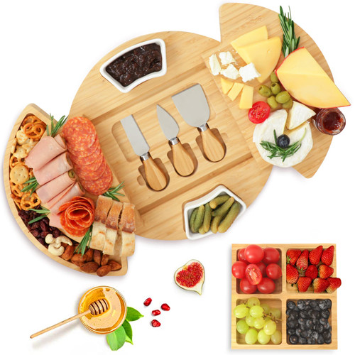 Bamboo Large Round Charcuterie Cheese Board Set, YZS Housm Cheese Serving Platter, Cheese Tray and Knife Set, Gift for Women Couple, Bridal Shower, Wedding, House Warming, Anniversary Bamboo Large Round Charcuterie Cheese Board Set, YZS Housm Cheese Serving Platter, Cheese Tray and Knife Set, Gift for Women Couple, Bridal Shower, Wedding, House Warming, Anniversary