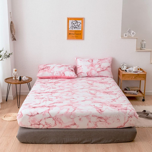 jejeloiu Pink Marble Bed Sheet Set Queen Size 3 Piece Soft Deep Pocket Fitted Sheet with 2 Pillowcases