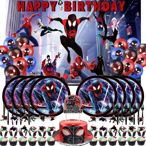 ALIDEAL Miles Morales Party Supplies Plates Favors Decorations Backdrop Decor Balloons Banner Birthday Cake Topper