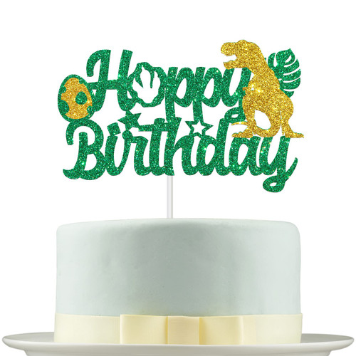 Deloklte Green Glitter Happy Birthday Cake Topper - Dinosaur Theme Birthday Party Decorations for Kids, Boys, Girls - Dino Jungle Cake Decors, Baby Shower/1st/2nd/3rd Birthday Party Supplies