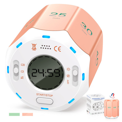 Pomodoro Timer, Digital Cube Timer Magnetic Countdown Timer, Octagonal Visual Kitchen Timer Flip Productivity Desk Timer for Kids, Silent & Alarm Gravity Timer for Study, Cooking, Workout, Office