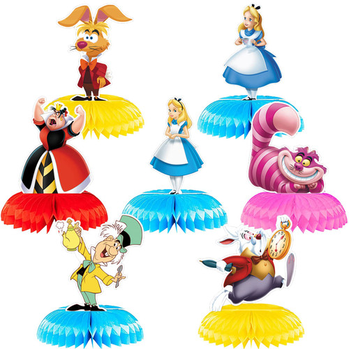 7Pcs Alice In Wonderland Party Decorations, Alice Theme Honeycomb Centerpieces Table Toppers, 3D Double Side Cake Toppers Table Decorations for Birthday Party Supplies