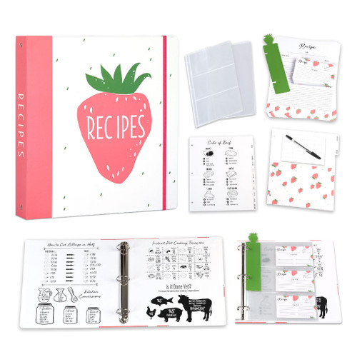 OUTSHINE Strawberry Recipe Book Binder Set | Recipe Binder 8.5x11 3 Ring with Cards and Dividers | Make Your Own Recipe Book Binder Kit | Blank Recipe Book Organizer | Pocket Recipe Book Card Holder OUTSHINE Strawberry Recipe Book Binder Set | Recipe Binder 8.5x11 3 Ring with Cards and Dividers | Make Your Own Recipe Book Binder Kit | Blank Recipe Book Organizer | Pocket Recipe Book Card Holder