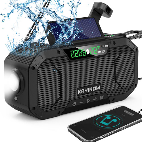 Portable Emergency Weather Radio with Waterproof Bluetooth Speaker, AM/FM/NOAA Hand Crank Solar Rechargeable Radio with Flashlight, Reading Light, 5000mAh Cell Phone Charger, SOS Alarm, Survival Gear