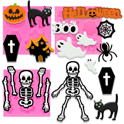 3PCS Halloween Silicone Mold Pumpkin Silicone Cake Mold Skull Skeleton Cupcake Chocolate Mold Ghost Witch Bat Coffin Candy Mold For Halloween Party Cake Decorating Gum Paste Polymer Clay