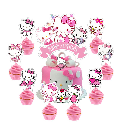 25pcs Kitty Cake Decorations with 1pcs Cake Topper, 24pcs Cupcake Toppers for Girls Birthday Party Decorations