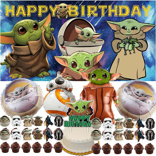 QUEENMO Yoda Party Supplies Decorations Baby Yoda Cake Toppers Banner Backdrop Balloons Birthday