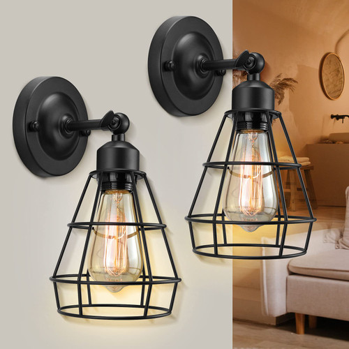 Uxtrodecor Industrial Wall Sconce Set of Two, Wire Cage Wall Sconce, Black Wall Lamp, Rustic Wall Sconce Fixture, Adjustable Vintage Wall Light Fixture for Bedroom 2 Pack