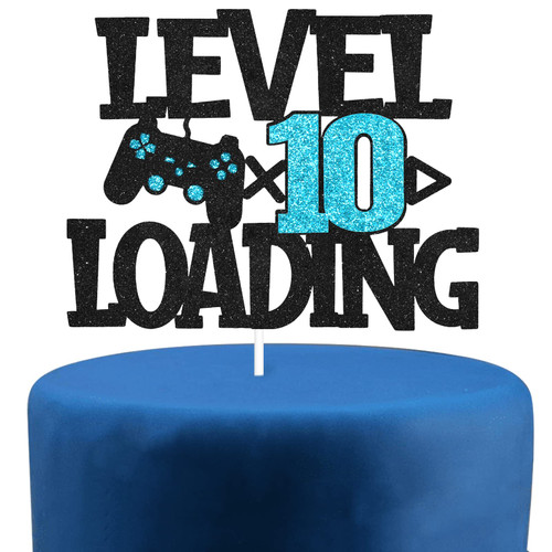 Video Game Level 10th Loading Birthday Cake Topper - Video Game Boy's 10th Birthday Party Blue Cake Supplies - Level Up Happy 10th Birthday Party Decoration