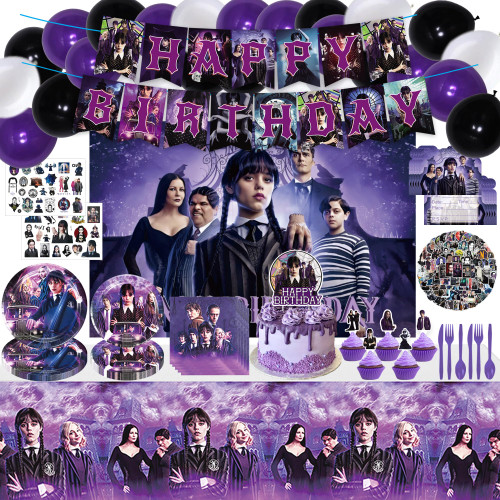 Wednesday Addams Birthday Party Decoration, Wednesday Addams Party Supplies Set Include Banner, Balloons, Tattoos, Invitation Cards, Stickers, Tableware, Cake Toppers, Backdrop, Wednesday Addams Birthday Party Favors