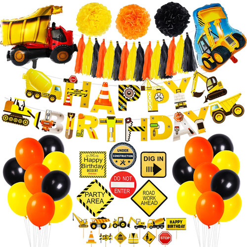 55Pack Construction Birthday Party Supplies with Excavator Foil Balloons,Construction Signs,Cupcake Toppers,Construction Happy Birthday Banners for Construction Dump Truck Birthday Party Decorations