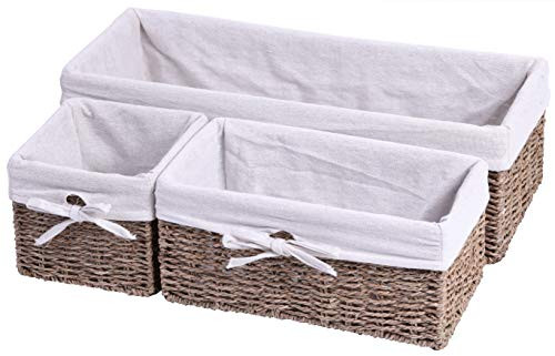 Vintiquewise QI003421.3 Seagrass Small Shelf Storage Basket with White Lining (Set of 3)