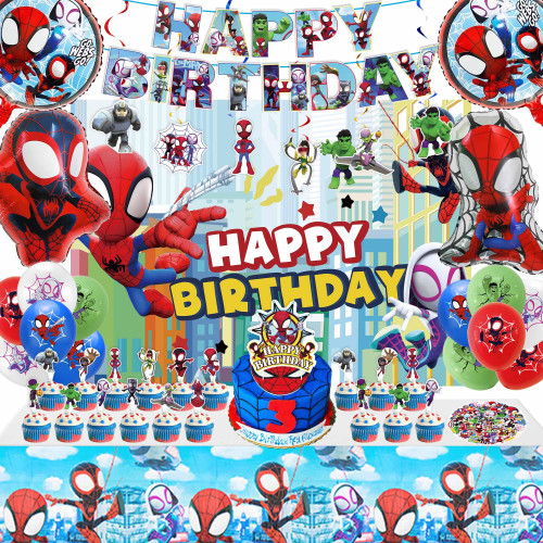 Spidey and Friends Birthday Decorations Include Banner, Backdrop, Balloons, Hanging Swirls, Cake Cupcake Toppers, Tablecloth for Spidey and His Amazing Friends Birthday Decorations