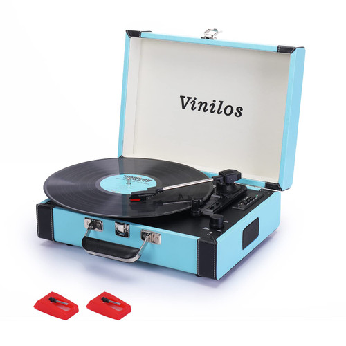 Vinilos Vinyl Record Player Bluetooth with Speakers Upgraded Sound,USB and SD Turntable,Vintage Phonograph 3 Speed Portable Suitcase Speaker,tocadiscos,Includes 2 Extra Stylus