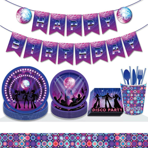 Disco Theme Birthday Party Supplies,70s 80s Disco Theme Birthday Party Disposable Tableware Set Including Paper Plates Napkins Tablecovers Cups Straws Serves 16 Guests