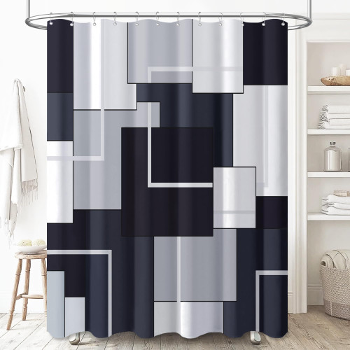 BTTN Black Fabric Shower Curtain - Modern Geometric Polyester Shower Curtain Set with Plastic Hooks, Machine Washable, Abstract Decorative Water-Repellent Cloth Shower Curtains for Bathroom - 72x72