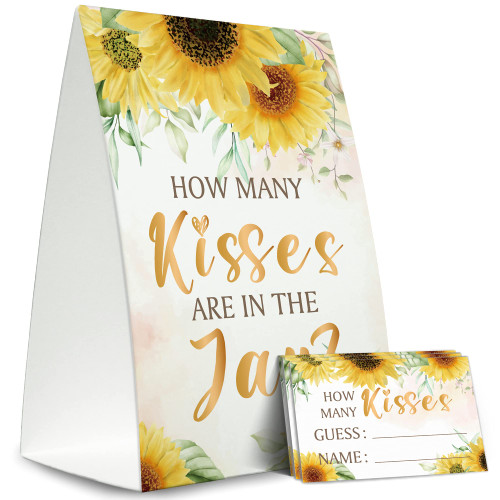 Guess How Many Kisses Are in the Jar Game (1 Standing Sign + 50 Guessing Cards),Sunflower Greenery Golden,Bridal Shower Sign,Baby Shower Sign - XH06