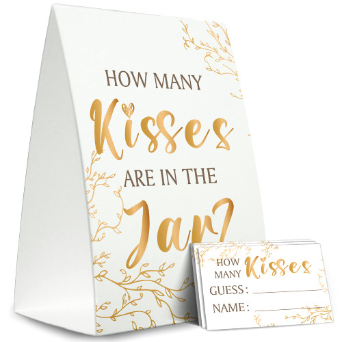 Guess How Many Kisses Are in the Jar Game (1 Standing Sign + 50 Guessing Cards),Golden,Bridal Shower Sign,Baby Shower Sign - XH15
